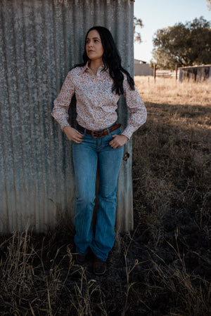 Ladies Arena Shirt Blouse - 100% cotton light weight long sleeve shirt, ruffles, floral pattern, long sleeve shirt