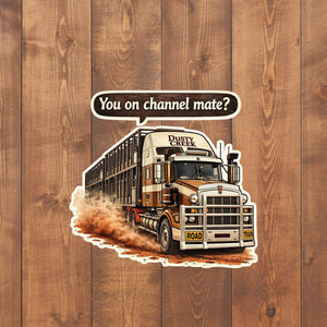 Truck graphic with text on a wooden background