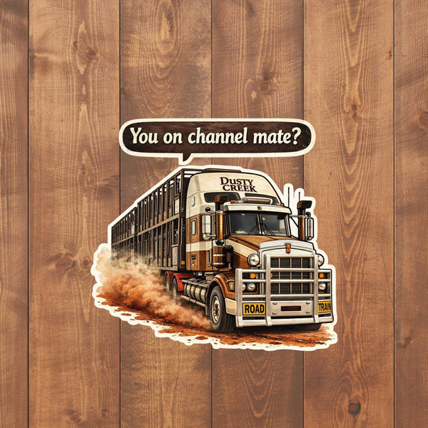 Truck graphic with text on a wooden background