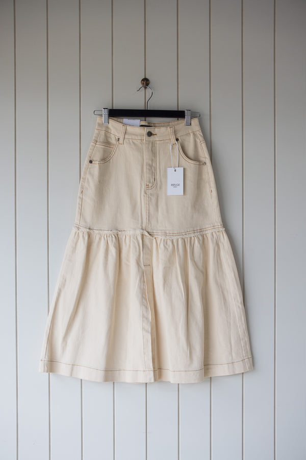 Cream Denim Split Front Skirt