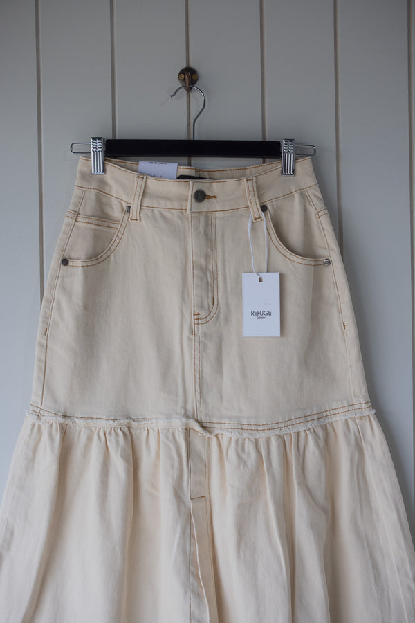 Cream Denim Split Front Skirt